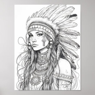 Native American Woman Adult Colouring Poster
