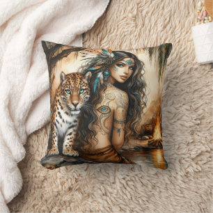 Native American Woman and Tiger by Waterfall Cushion