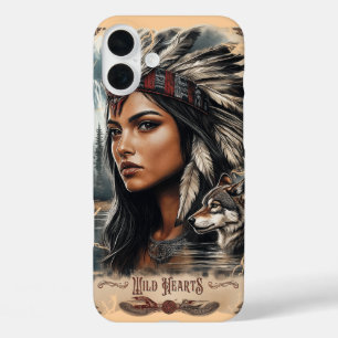 Native American woman and wolf vintage design iPhone 16 Plus Case