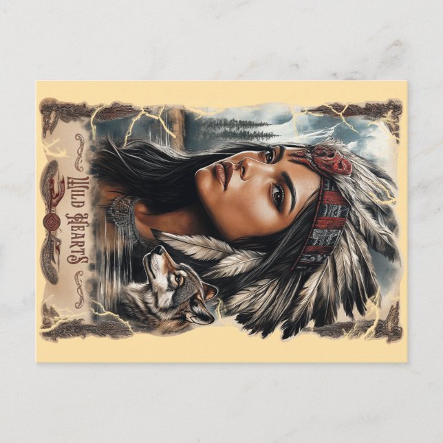 Native American woman and wolf vintage design Postcard (Front)