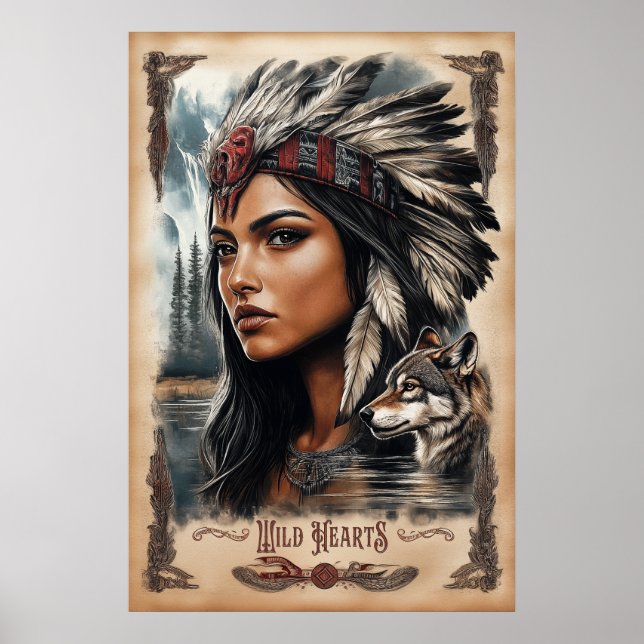 Native American woman and wolf vintage design Poster (Front)