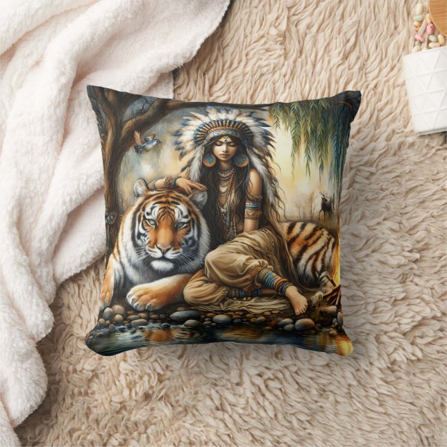 Native American Woman Beside a Tiger by a River Cushion (Blanket)
