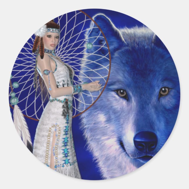 Native American Woman & Blue Wolf Design Classic Round Sticker (Front)