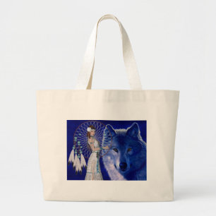 Native American Woman & Blue Wolf Design Large Tote Bag