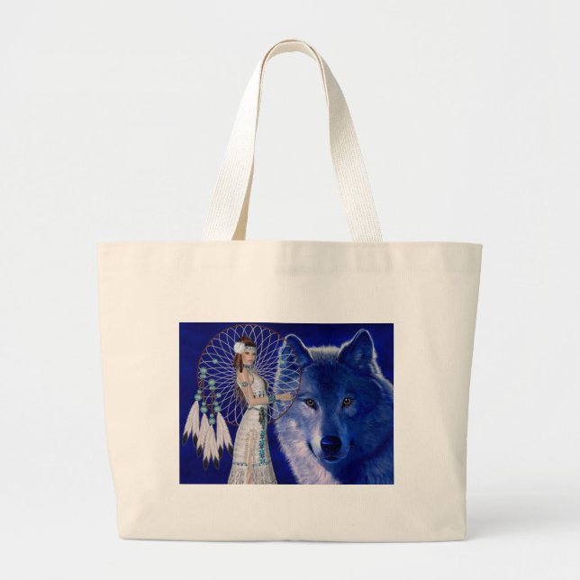 Native American Woman & Blue Wolf Design Large Tote Bag (Front)