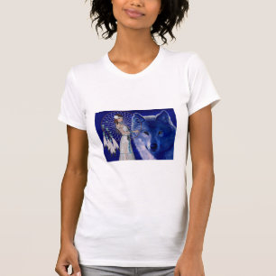 Native American Woman & Blue Wolf Design T-Shirt