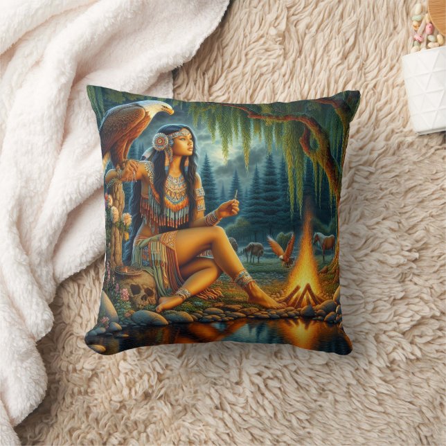 Native American Woman by Campfire, Eagle Cushion (Blanket)