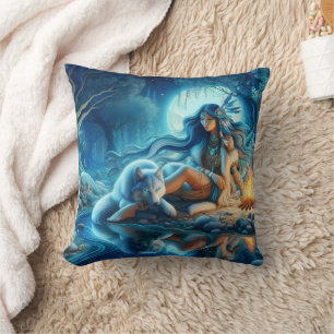 Native American Woman by River With Wolf Cushion