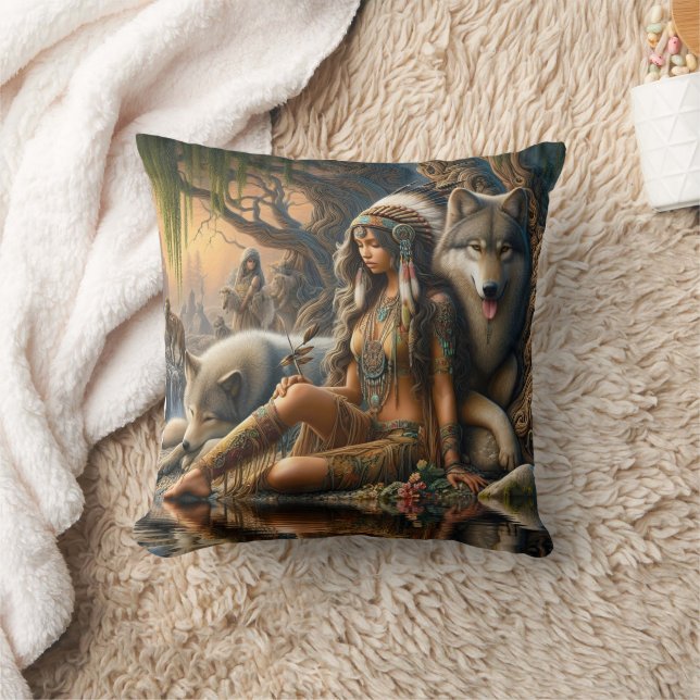 Native American Woman Cares for Wolf by Waterfall Cushion (Blanket)