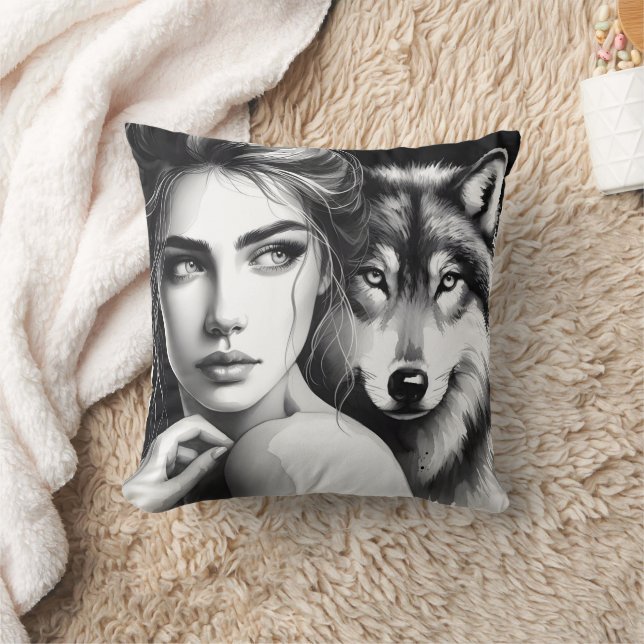 Native American Woman Embracing Wolf at Dusk Cushion (Blanket)