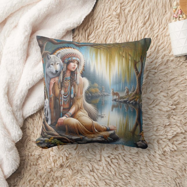 Native American Woman Embracing Wolf by Riverbank Cushion (Blanket)