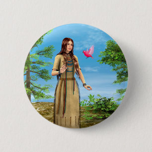 Native American Woman Forest Bird Art 6 Cm Round Badge