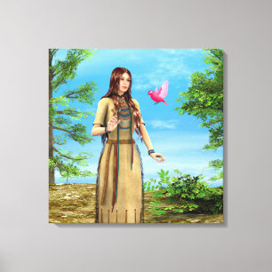 Native American Woman Forest Bird Art Canvas Print