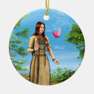 Native American Woman Forest Bird Art Ceramic Tree Decoration