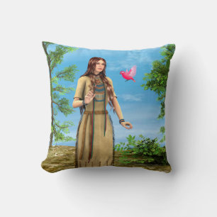 Native American Woman Forest Bird Art Cushion
