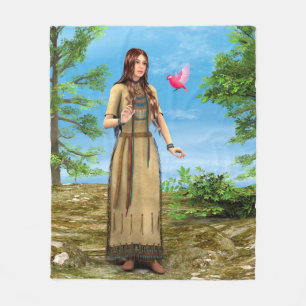 Native American Woman Forest Bird Art Fleece Blanket
