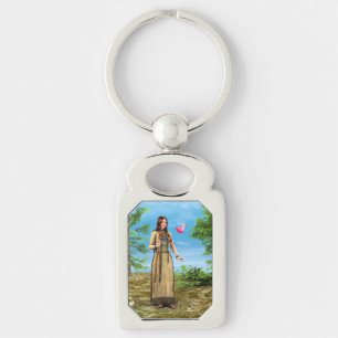 Native American Woman Forest Bird Art Key Ring