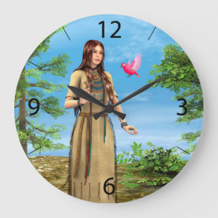 Native American Woman Forest Bird Art Large Clock