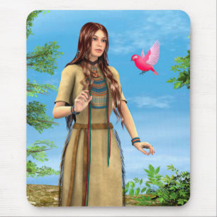 Native American Woman Forest Bird Art Mouse Mat