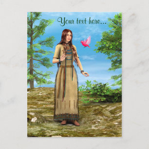 Native American Woman Forest Bird Art Postcard