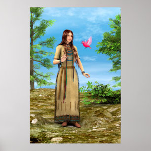 Native American Woman Forest Bird Art Poster
