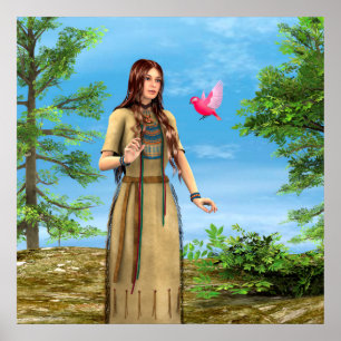 Native American Woman Forest Bird Art Poster