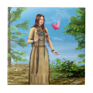 Native American Woman Forest Bird Art Tile