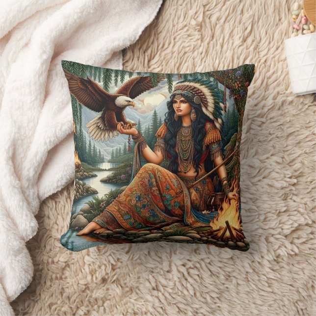 Native American Woman Holding Eagle by River Cushion (Blanket)