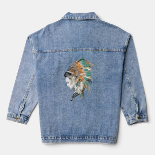 Native American Woman in Feather Headdress Denim Jacket