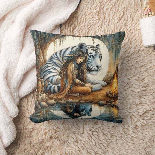 Native American Woman Meditating by Water Cushion (Blanket)
