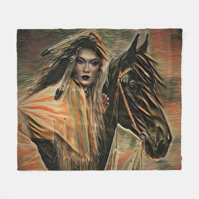Native American Woman on Horseback Fleece Blanket (Front (Horizontal))