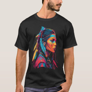 Native American woman portrait synthwave T-Shirt