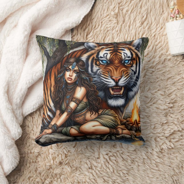 Native American Woman Posing With A Tiger Cushion (Blanket)