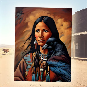 Native American Woman & Raven Bold Vintage Western Postcard