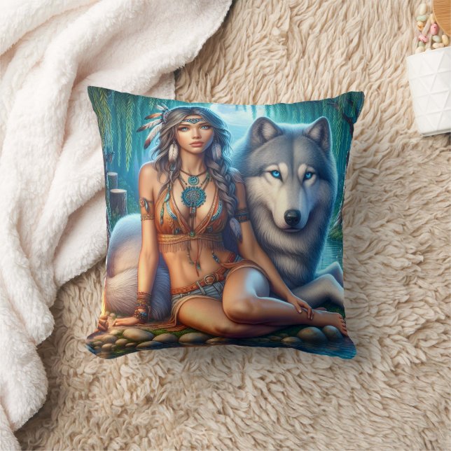 Native American Woman Sitting Beside A Wolf Cushion (Blanket)