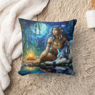 Native American Woman Sitting Beside A Wolf Cushion