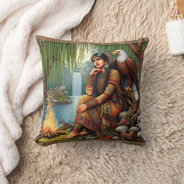 Native American Woman Sitting by Fire With Eagle Cushion (Blanket)