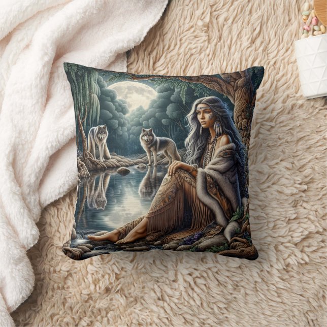 Native American Woman Sitting By Moonlit Water Cushion (Blanket)