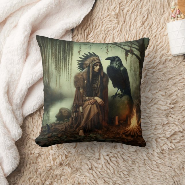 Native American Woman Sitting by River With Raven Cushion (Blanket)