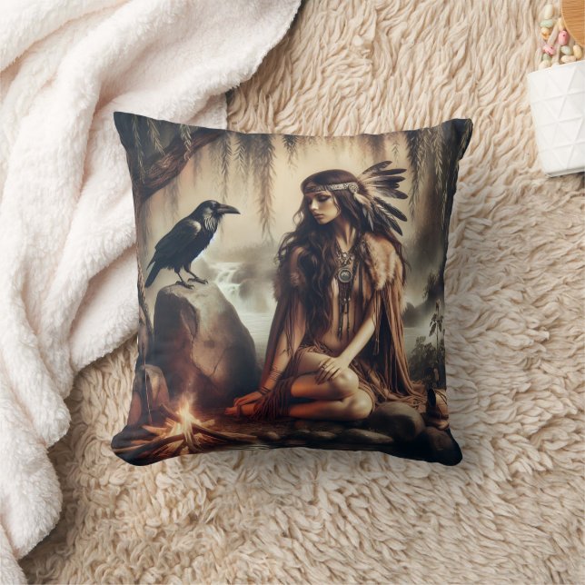 Native American Woman Sitting by River With Raven Cushion (Blanket)