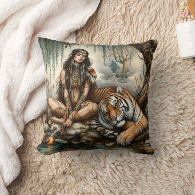Native American Woman Sitting by Tiger at River Cushion (Blanket)