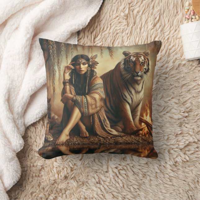 Native American Woman Sitting By Tiger Near Water Cushion (Blanket)