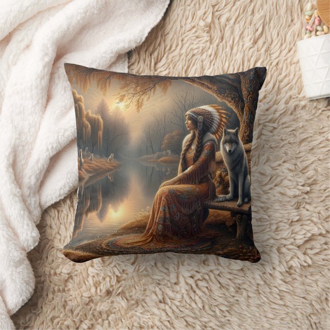 Native American Woman Sitting By Water With Wolf Cushion (Blanket)