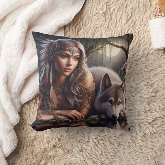 Native American Woman Sitting by Wolf at Night Cushion (Blanket)
