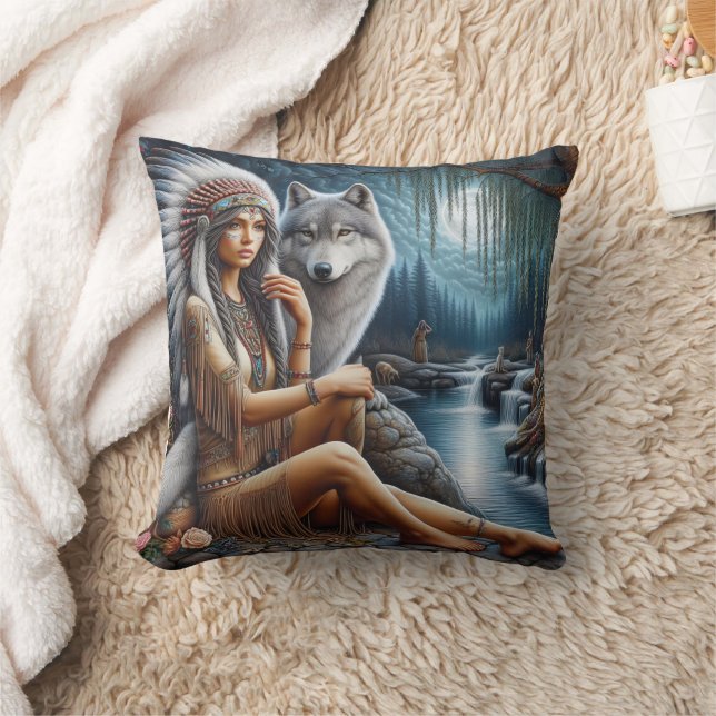 Native American Woman Sitting With A Wolf By Water Cushion (Blanket)