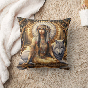 Native American Woman Sitting With a Wolf Cushion
