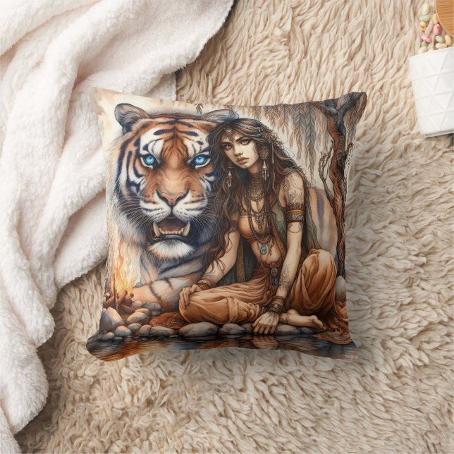 Native American Woman Sitting With Tiger by Water Cushion (Blanket)