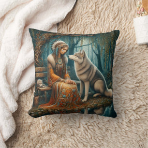 Native American Woman Sitting With Wolf In Forest Cushion