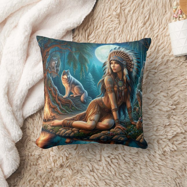 Native American Woman Sitting With Wolves At Night Cushion (Blanket)