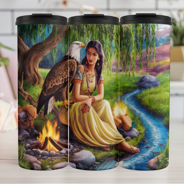 Native American Woman Sunset, Riverside Reverie Thermal Tumbler (Creator Uploaded)